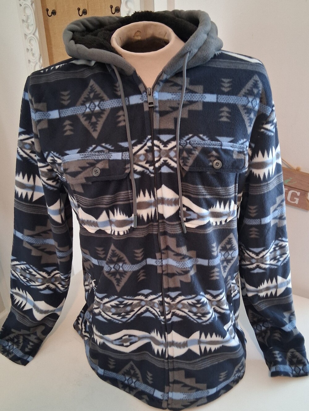 Distortion Men's Hooded Zip-Up Blue & Grey Azrec Fleece Jacket Sz L NWT